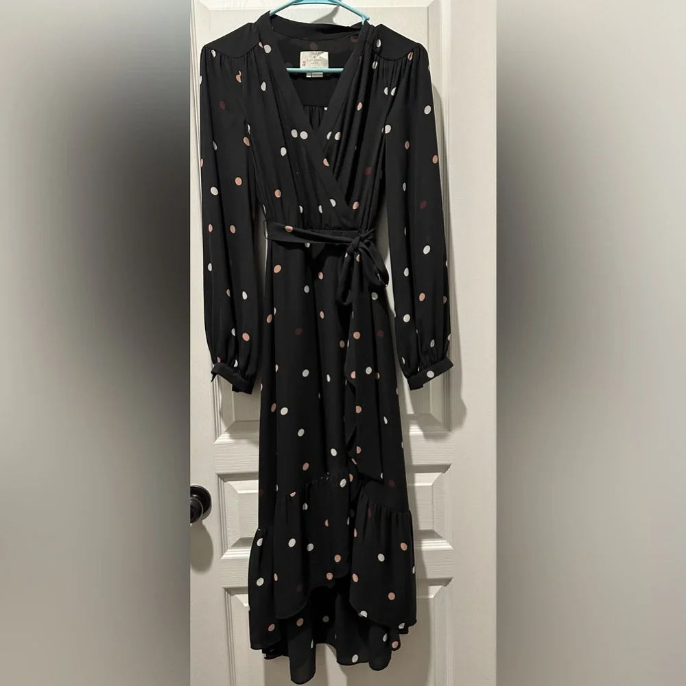Kate Spade Long Sleeve Bakery Dot Midi Wrap Dress Black w Pink & White Polka Dot - Picture 3 of 8